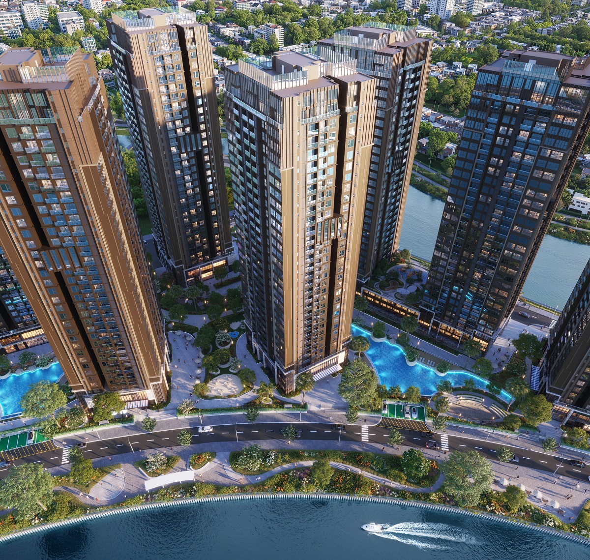 Phối cảnh kiến trúc tháp Cloud9 Tower dự án The Privé ven sông